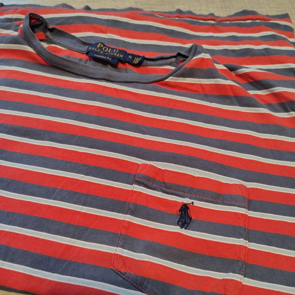 Polo Ralph Lauren Mens Medium Classic Fit Striped Pocket T-Shirt Red Blue White